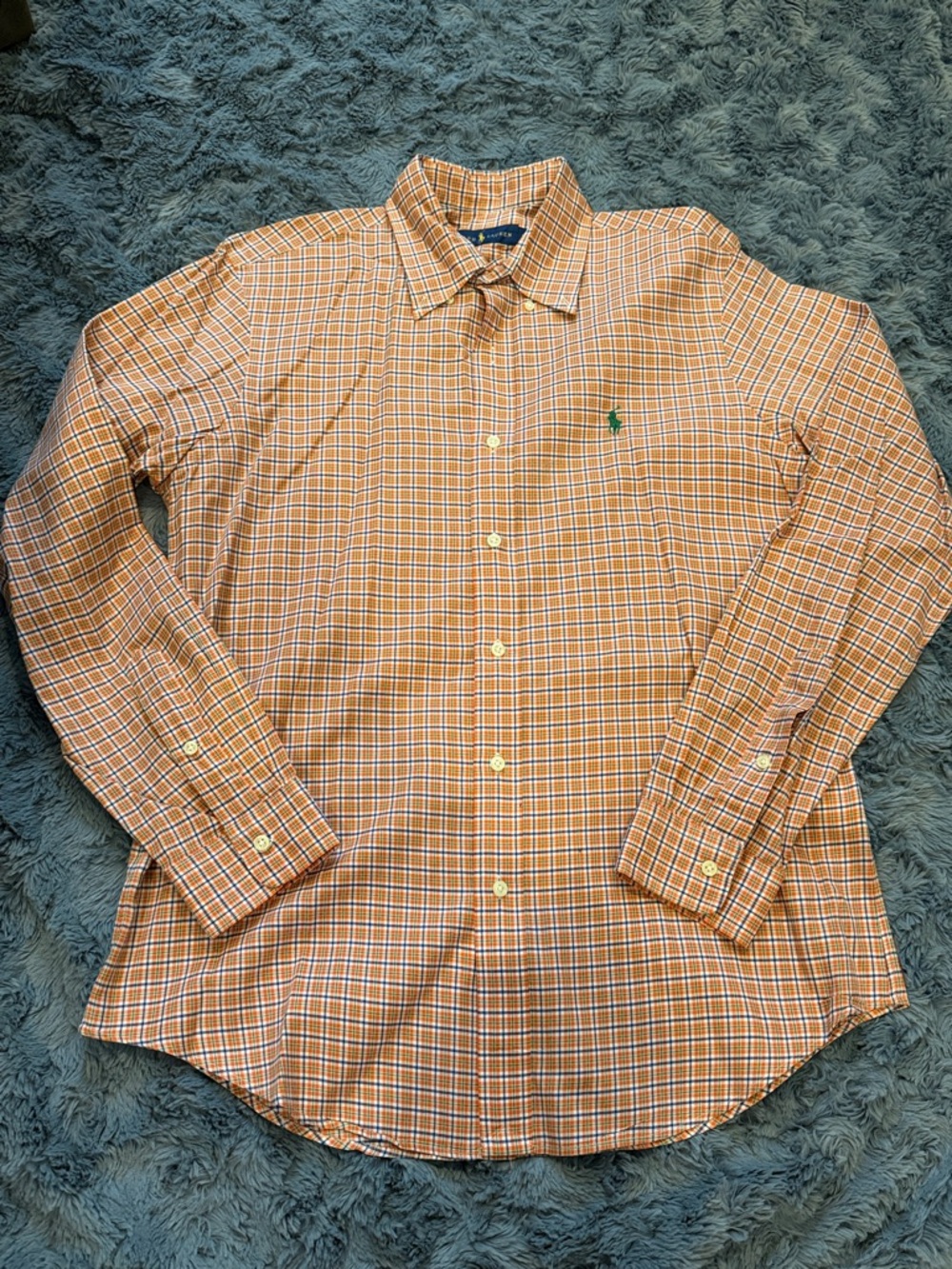 Ralph Lauren Orange Plaid Button-Down Shirt with Green Pony